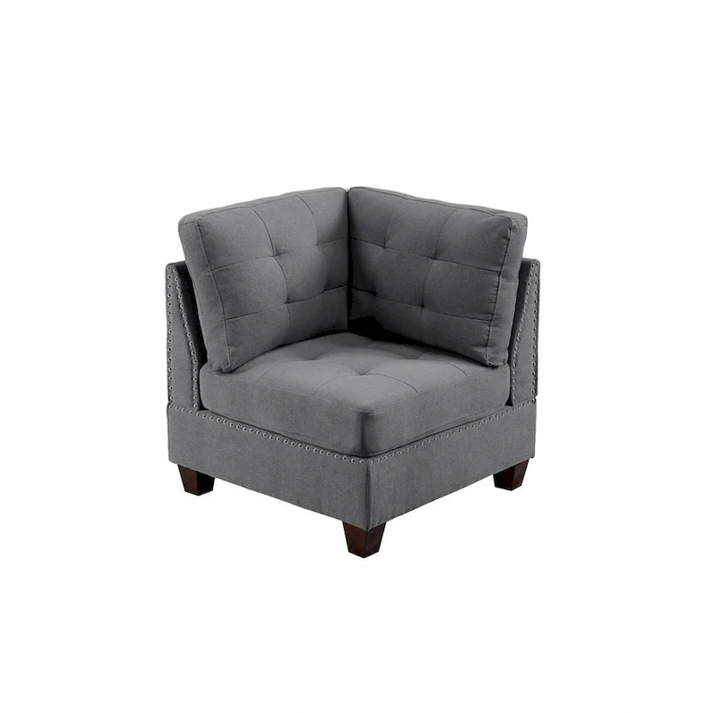 Lemy 32 Inch Modular Corner Sofa Chair, Tufted Gray Upholstery, Solid Wood