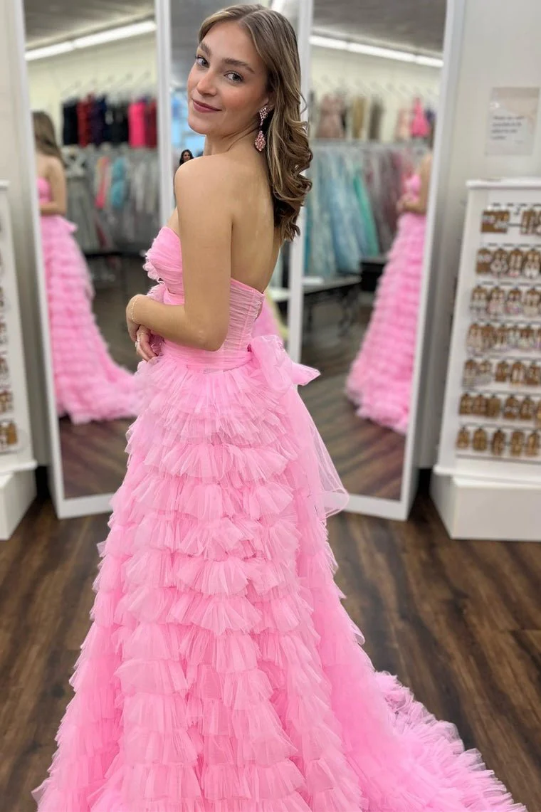 Ball Gown Sweetheart Pink Tiered Printed Tulle Prom Dress