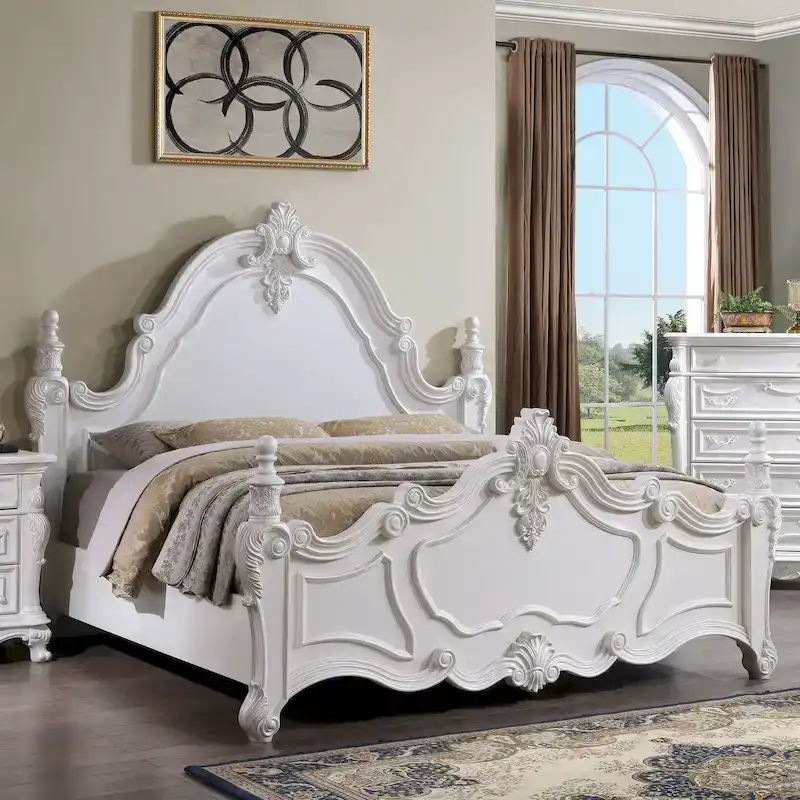 Traditional Dark Cherry Solid Wood Four Poster Panel Bed with Carved Details