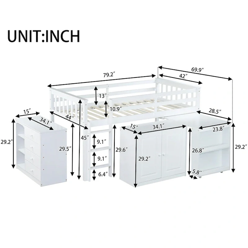 Twin Loft Bed with Pull-Out Desk, 2 Cabinets, 4 Drawers & Shelves