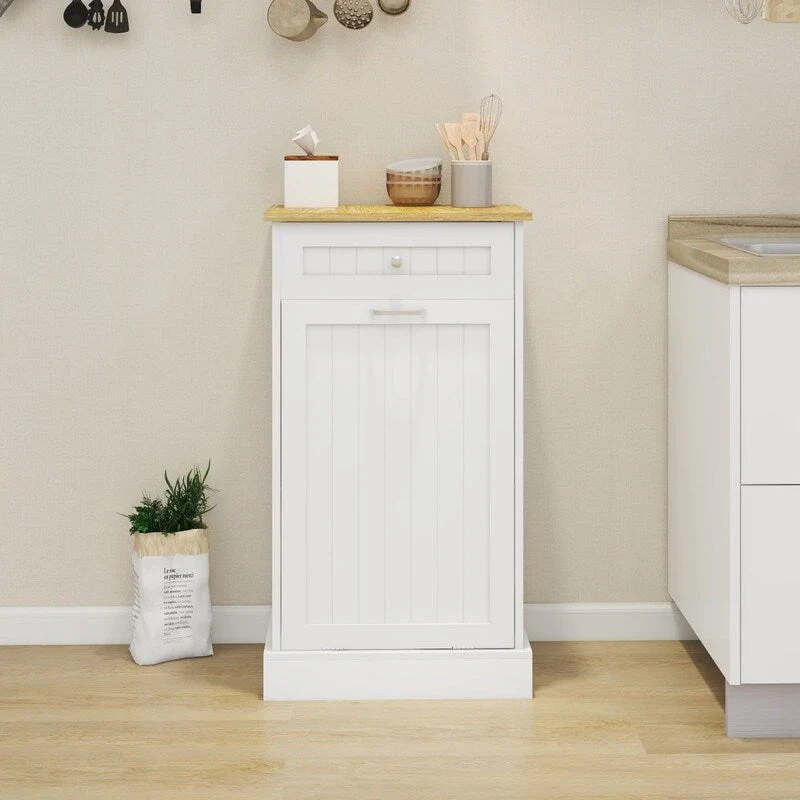 White/Black Tilt-Out Trash Cabinet with Drawer, Single Compartment