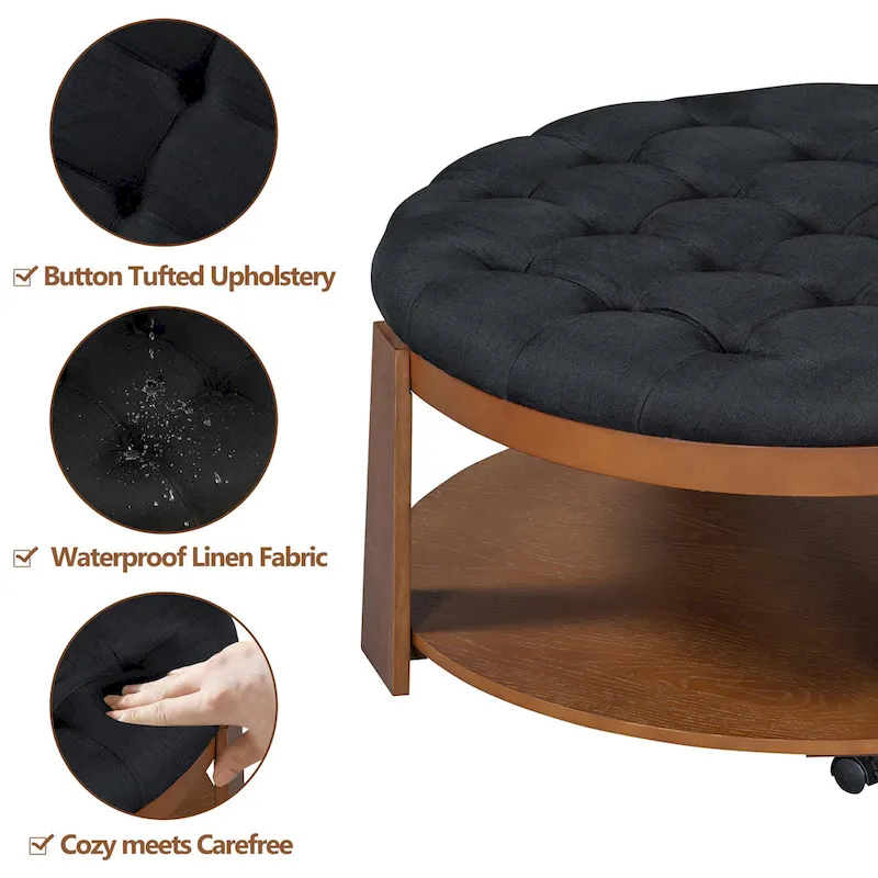 36  Round Button Tufted Upholstered Coffee Table with Wood Shelf and Wheel