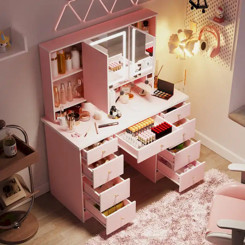 Makeup Vanity Table with 3-Color Lighted Mirror