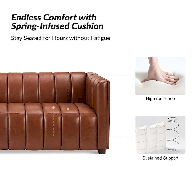 83-inch genuine leather curved sofa with a grooved backrest.