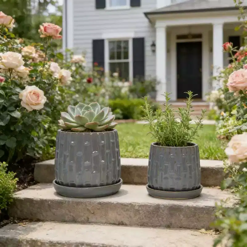 Set of 2 5.71 x 5.31 Gray Ribbed Ceramic Planter Set Indoor Outdoor Flower Pots for Herbs, Flowers & Succulents
