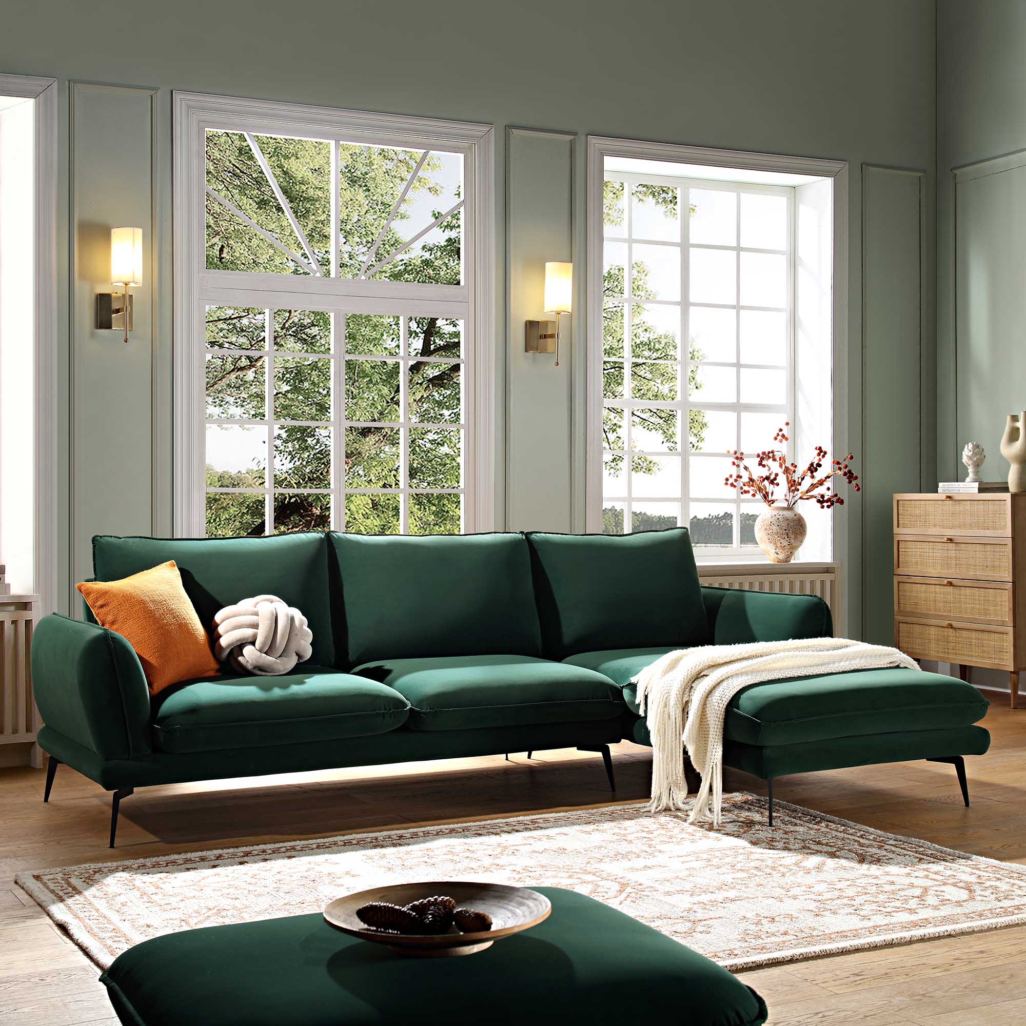 Forest Green Velvet Sofa, Grande Chaise Sofa Right Hand Facing
