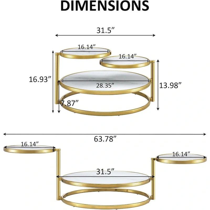 Round Tempered Glass Coffee Table with 3 Tiers 360 Degrees Rotating Top