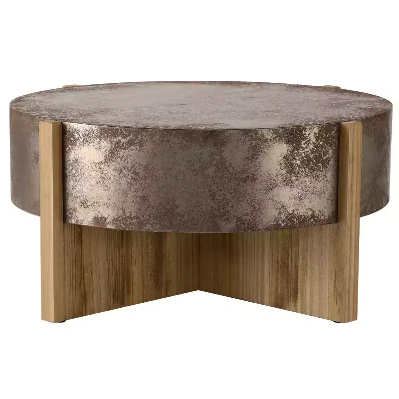 33 Vintage Round Drum Coffee Table with Cross Base, Distressed Rust Finish Center Table for Small Living Rooms or Apartments-Panipeachy