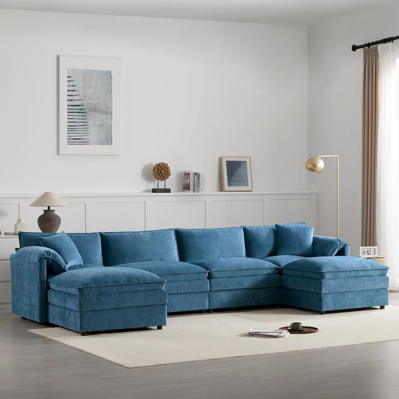136  U-Shaped Chenille Cloud Sectional Sofa with Dual Ottomans