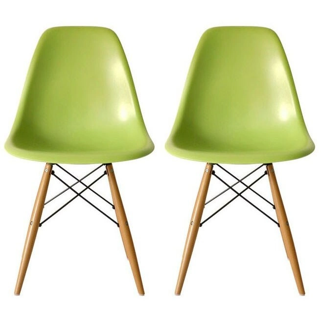 Set of 2 Mid-Century Modern Dining Chairs Armless Plastic Shell Seat with Natural Wooden Eiffel Leg Base, Red