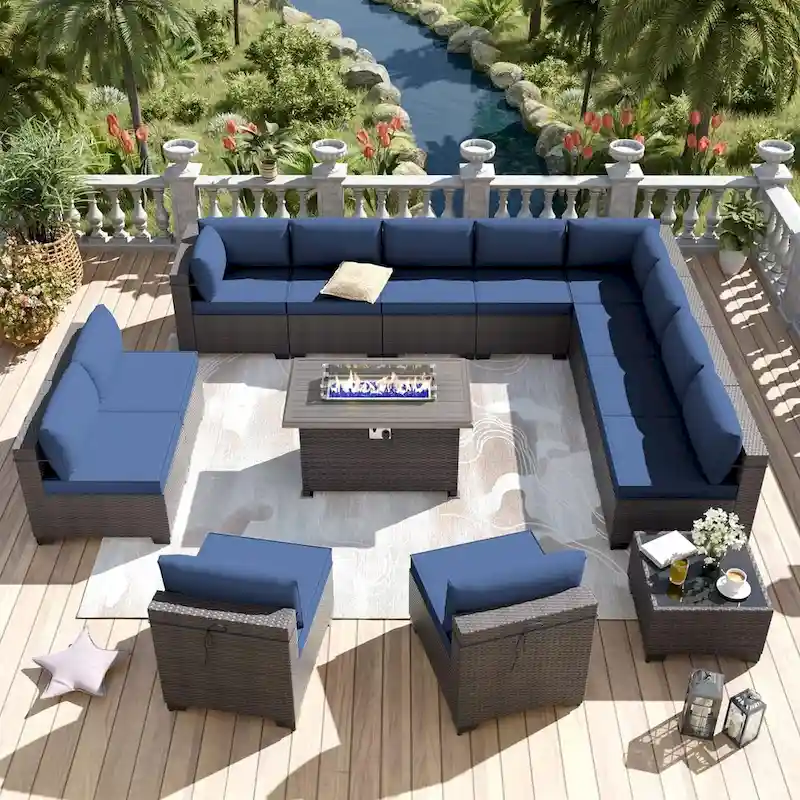 Kullavik 14 Pieces Outdoor Patio Furniture Set with Fire Pit Table