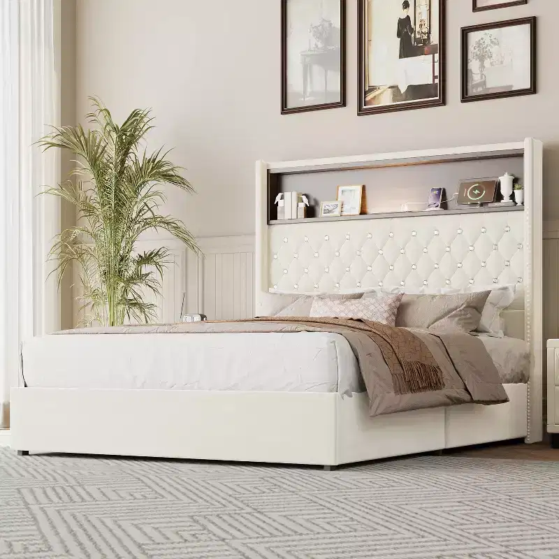Full/Queen Size Velvet Tufted Platform Bed Frame with USB Port and Night Light, Wing-back Platform Bed with Rivet Decoration Headboard and Shelf