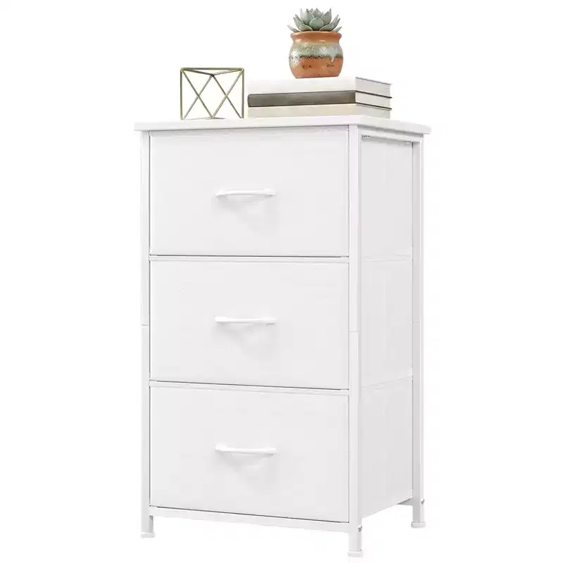 Acekool Small Space Dresser, Compact 3 Drawer Fabric Chest with Wood Grain Top Storage Organizer for Bedroom Closet Entryway,White