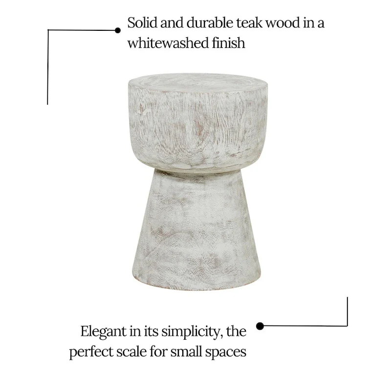 Whitewash Teak Wood Round Pedestal Accent Table – Single