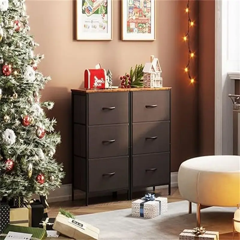 Dark Grey / Brown / Black / Light Grey Fabric Drawer Dresser with Metal Frame and Wood Top – 15.74 in