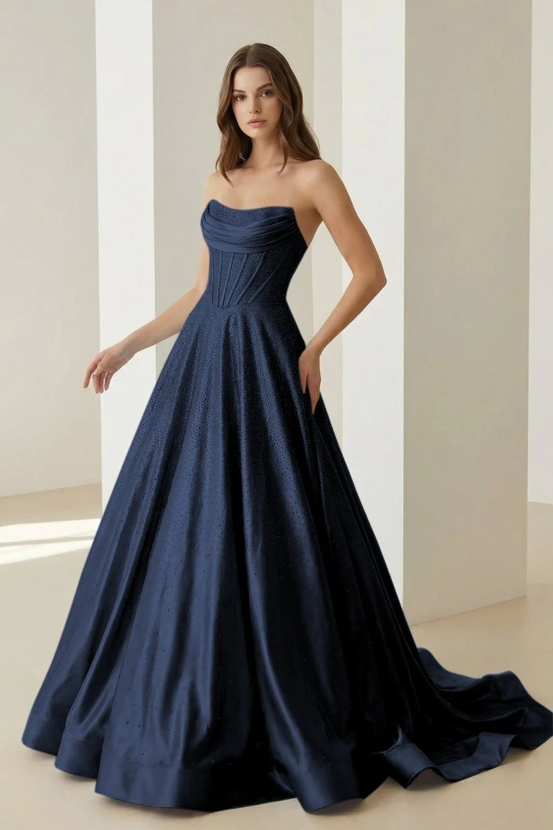Navy Blue - Strapless A Line Satin Beaded Long Prom Dresses With Pockets