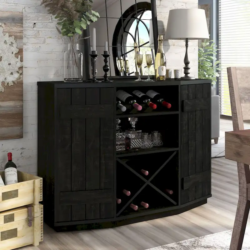 DH BASIC Farmhouse Plank-Style 28-Bottle 47-Inch Wine Cabinet Buffet by Denhour
