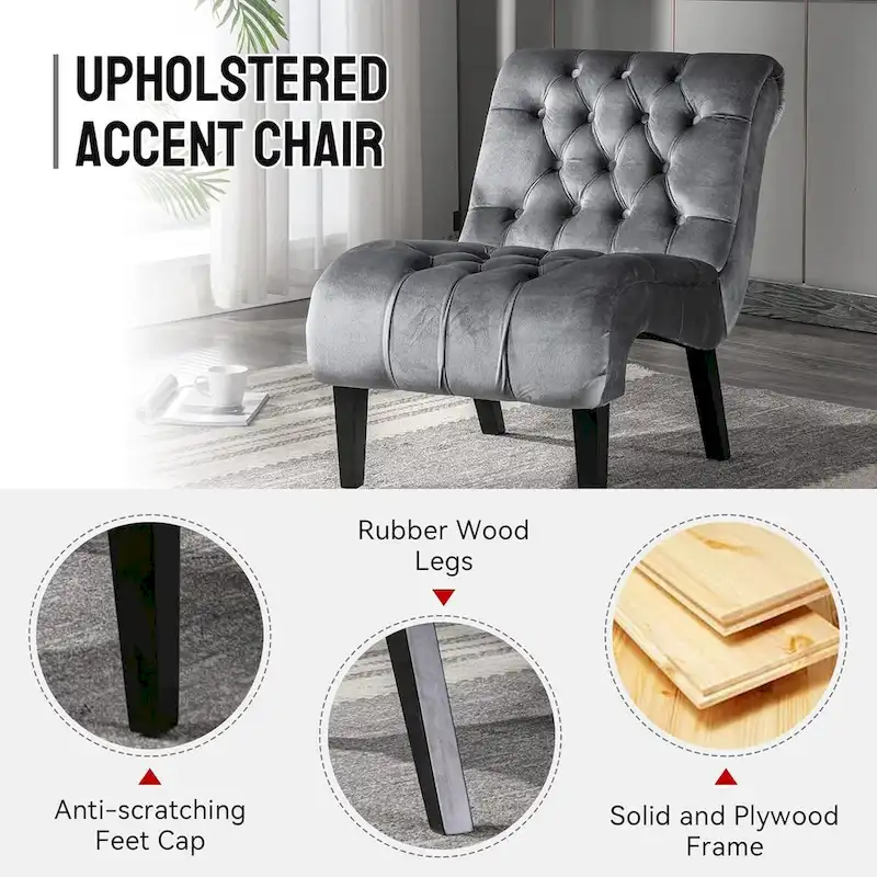 Velvet Armless Accent Chair, Button Tufted Slipper Chair, Side Chair, Lounge Chair