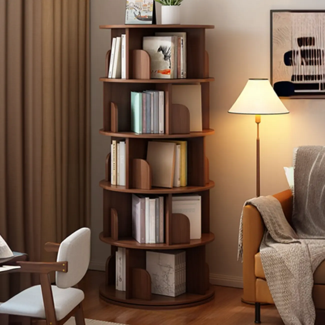 Brown Cylindrical Wooden Rotating Open-Back Bookcase