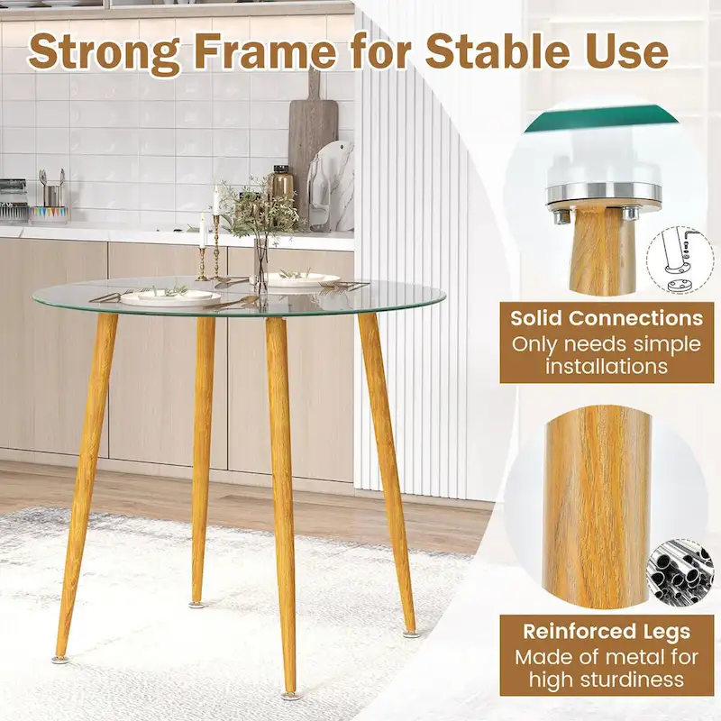 Clear Round Glass Dining Table with Metal Legs, Seats 2–4