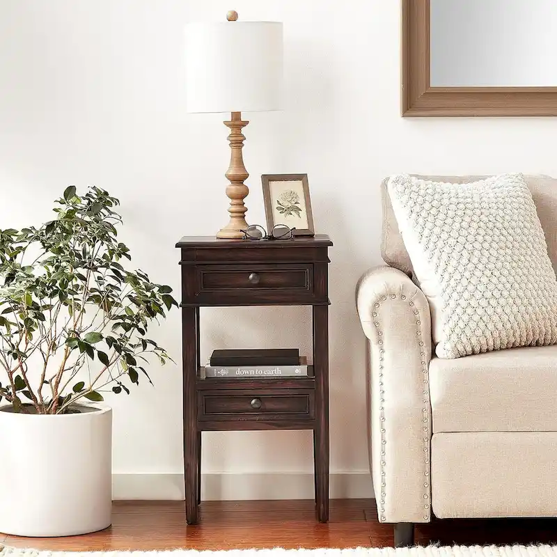 Wooden Side Table with 2 Drawers and Shelf - Antique Finish