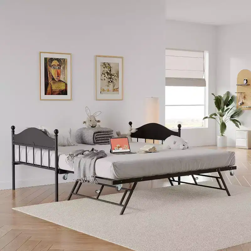 Twin Daybed with Trundle, Sturdy Metal Foldable Bed Frame, Metal Double-Sized Sofa Bed, Heavy-Duty Steel Bed Frame, for Home