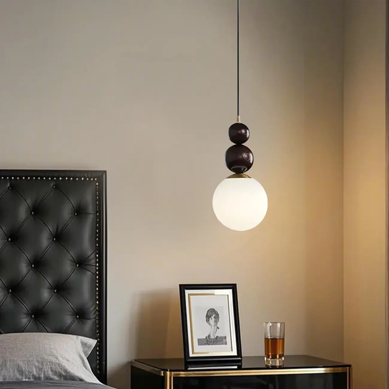 Modern White Glass Globe Pendant Light with Layered Black Bead