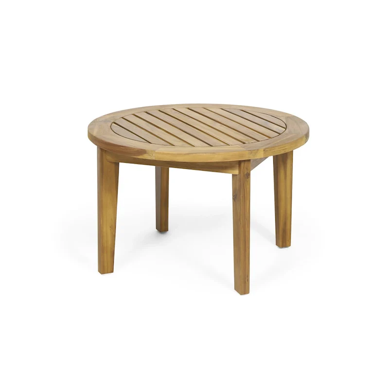 Roomfitters Round Patio Coffee Table, Solid Acacia Wood Slatted Top with Tapered Legs, Natural Wood