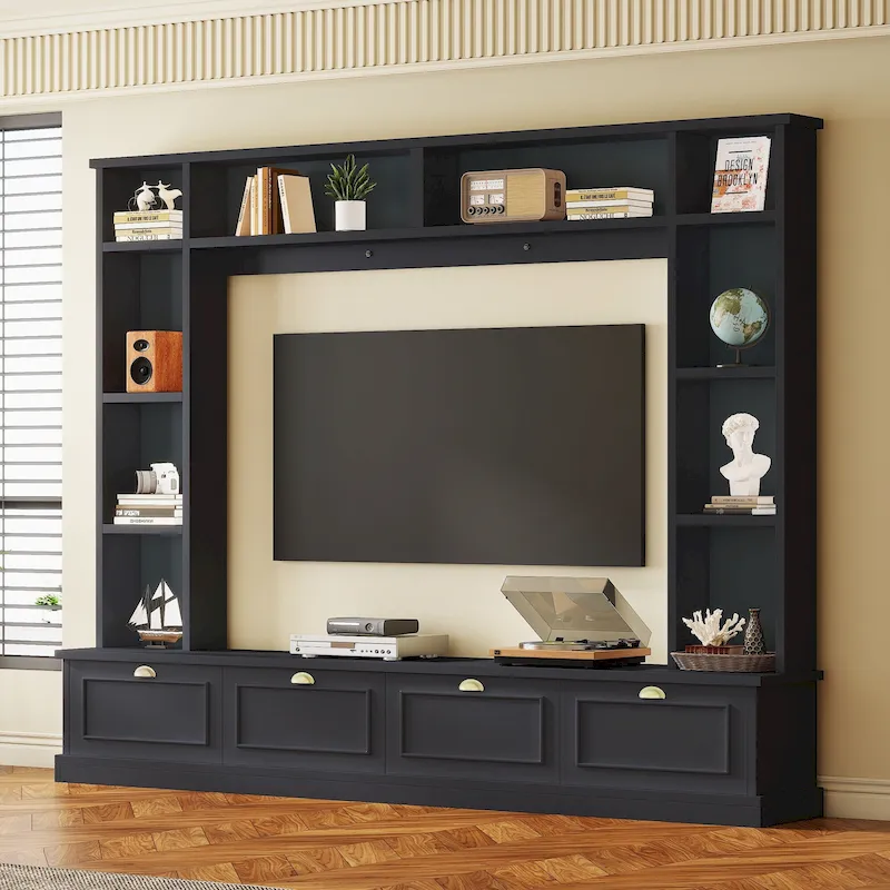 104.2 Wall Unit with TV Stand, Bookshelves, and Cabinets – Black