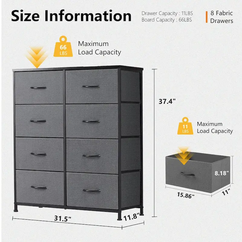 8 Drawer Fabric Chest of Drawers with Wooden Top