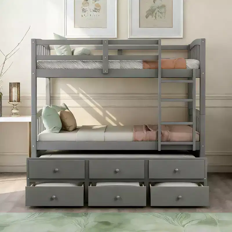 Luxystar Modern Twin Over Twin Bunk Bed With Trundle and 3 Drawers