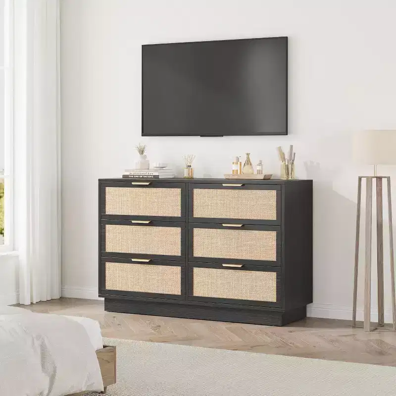 Boho Rattan 6/7/9-Drawer Dresser with Gold Handles, Modern Black Wood Storage Chest, Wide Organizer for Bedroom Living Room Hallway