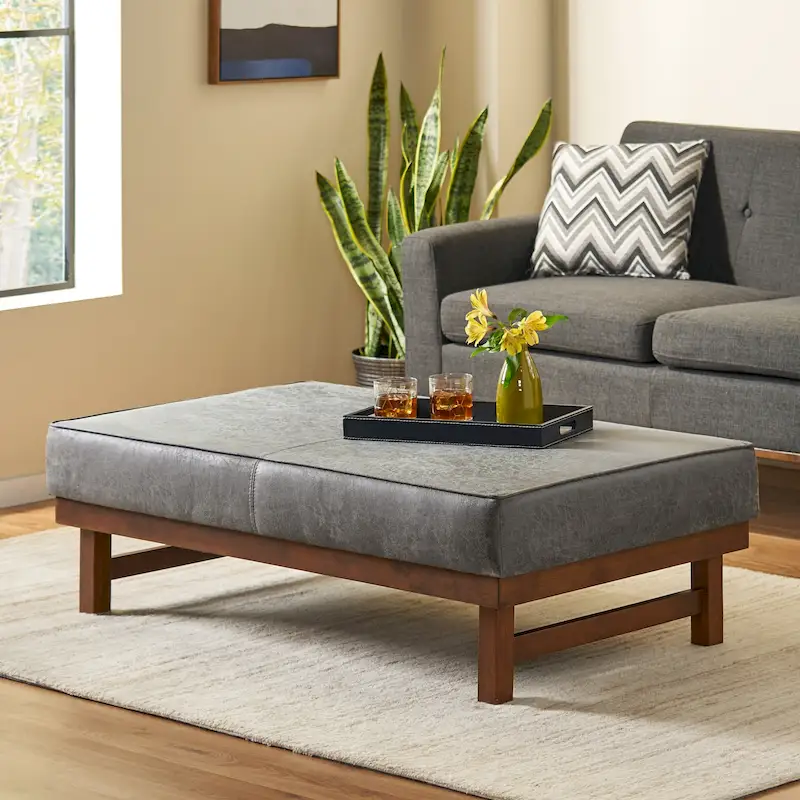 Microfiber Cocktail Ottoman with Walnut Wood Legs
