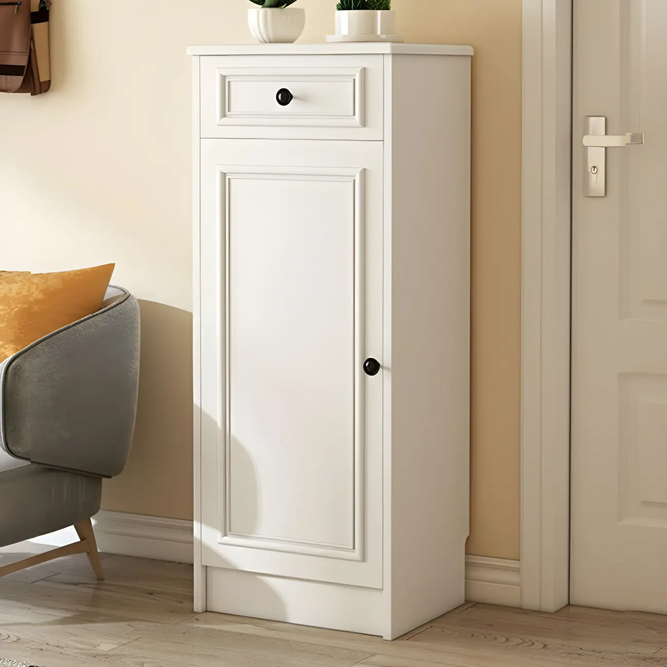 Modern Slim White Shoe Cabinet with Drawer for Hallway