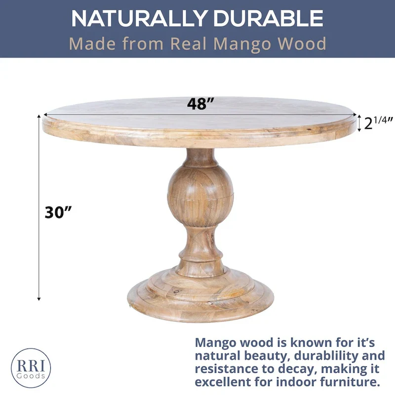 48 Round Dining Table, Antique Natural Mango Wood Pedestal Base