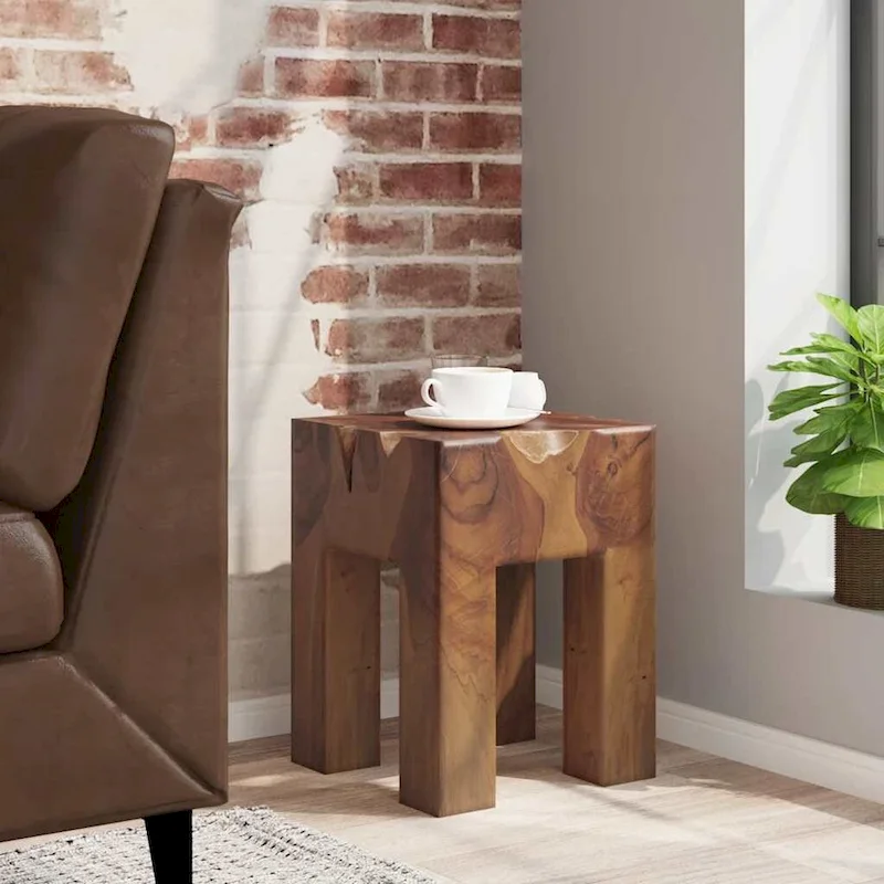 Solid Teak Wood Stool, Small Side Table, Brown - 11.8 x 11.8 x 15.7