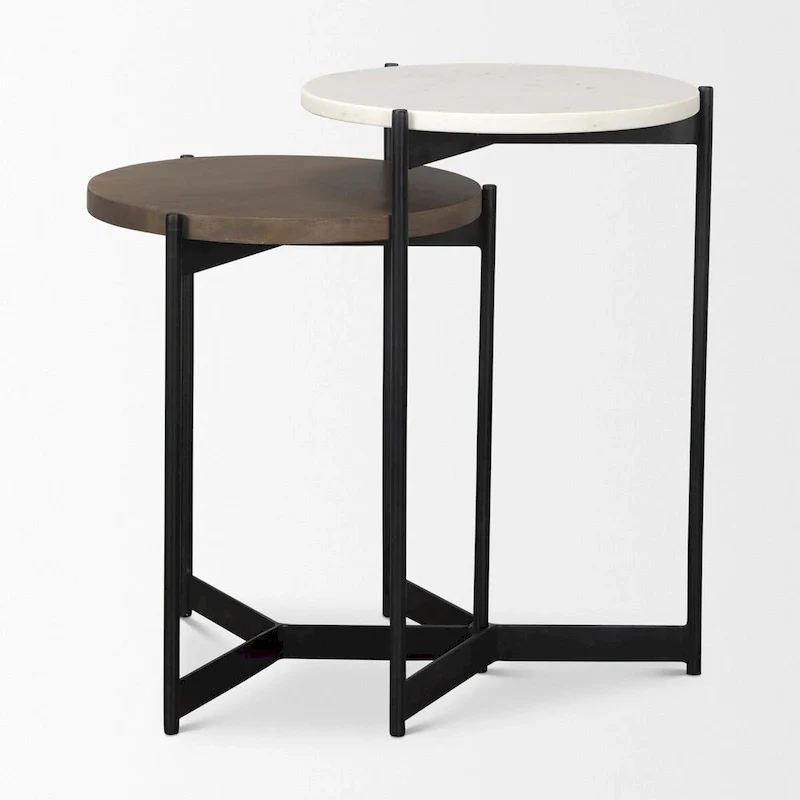Marble & Dark Brown Wood Tabletop Nesting End/Side Tables