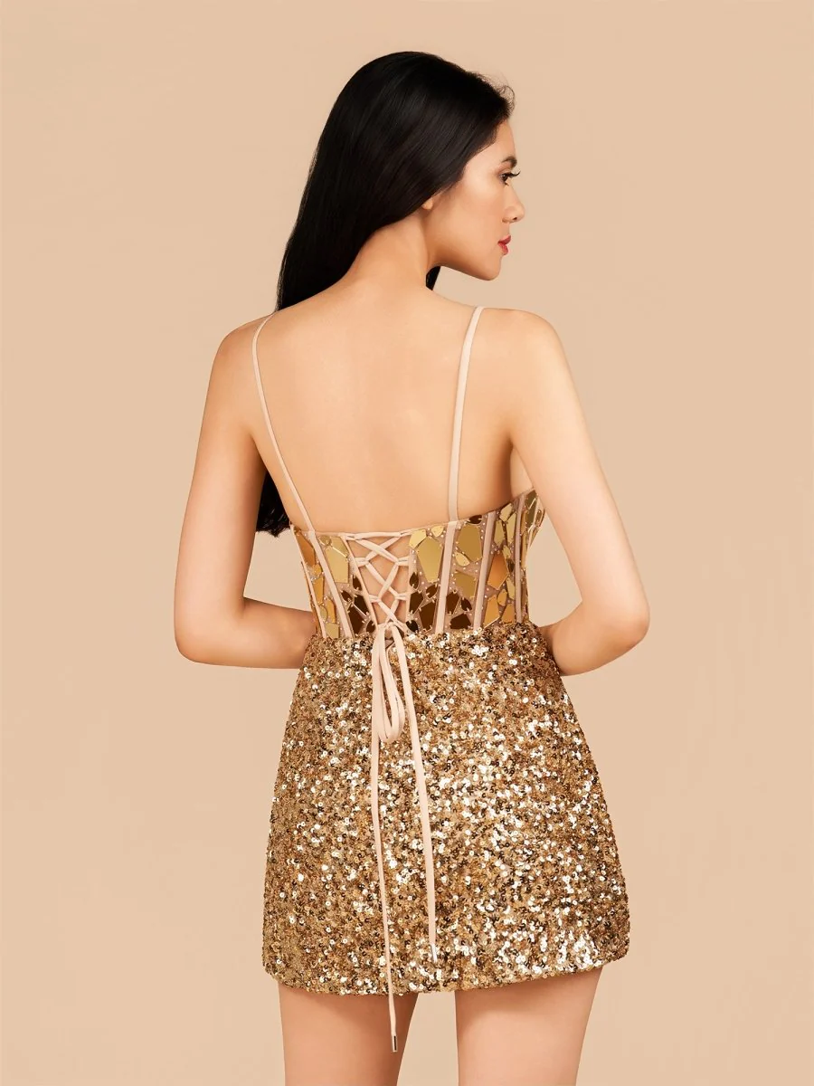 Gold Mirror-Cut Sequins Halter Sheath V Neck Mini Party Dresses