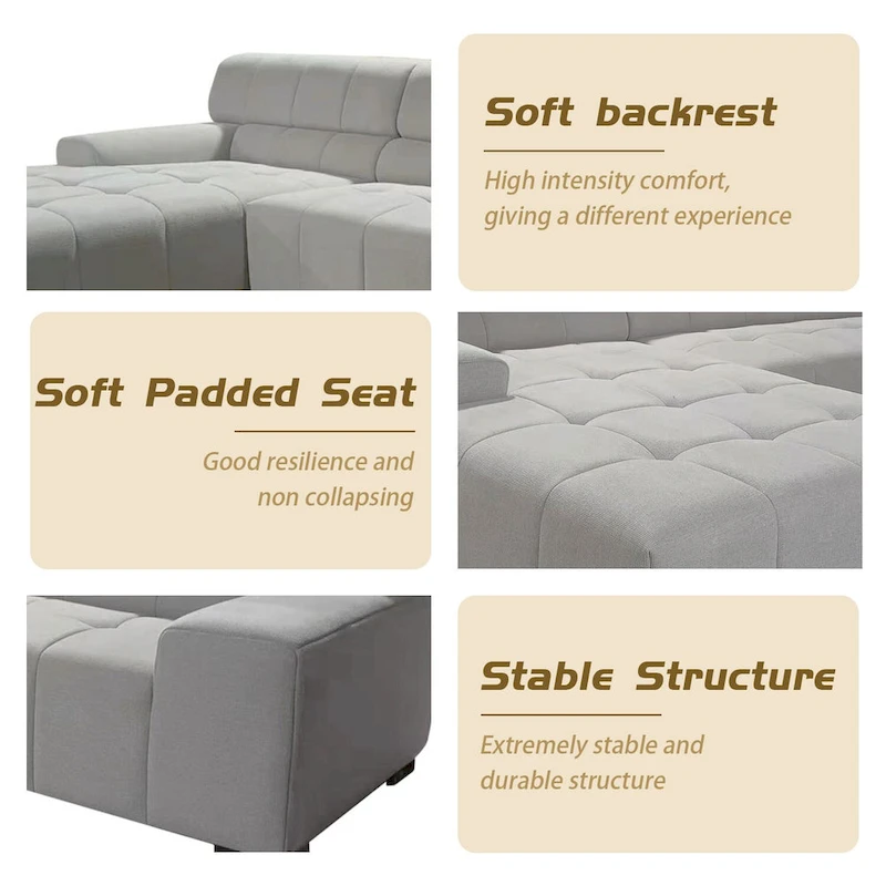 Williamspace Modern Glam LargeUpholstered Sectional Sofa L-shape With Chaise Living Room