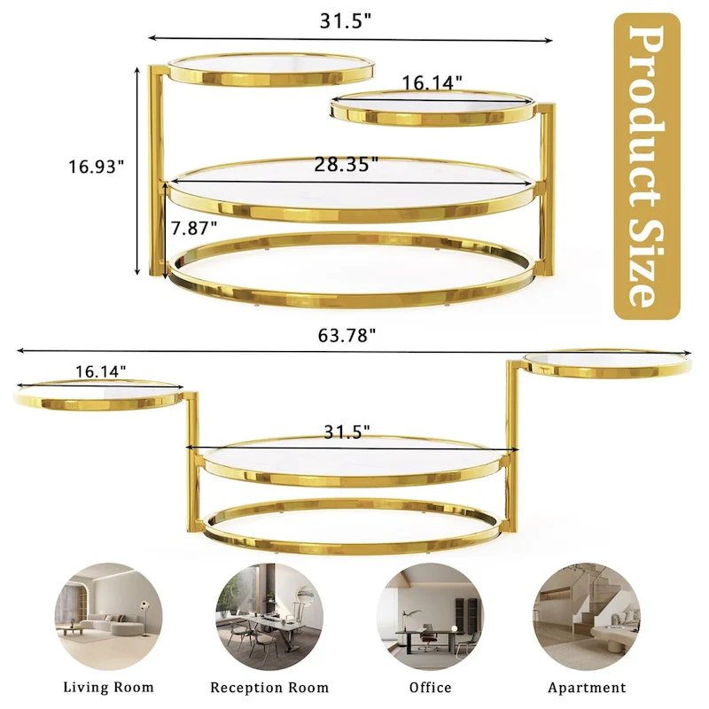 Round Tempered Glass Coffee Table with 3 Tiers 360 Degrees Rotating Top