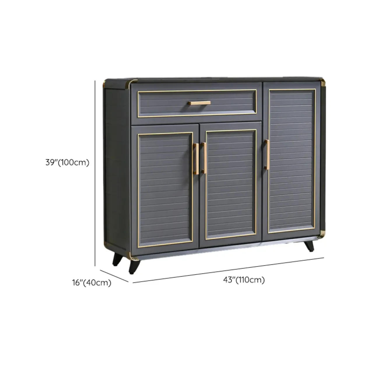 Luxury Grey Metal Entryway Shoe Cabinet with Gold Trim