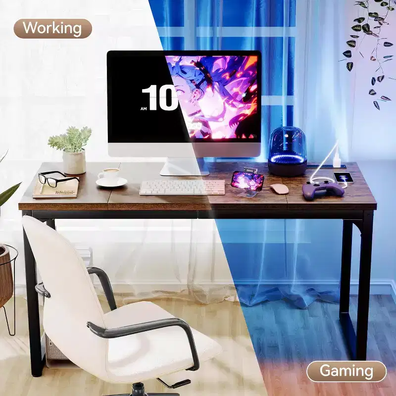 Dyonery Computer Desk, 1.2 Thick Desktop, Heavy-Duty Metal Frame, Large Home Office & Gaming Desk, Rustic Brown