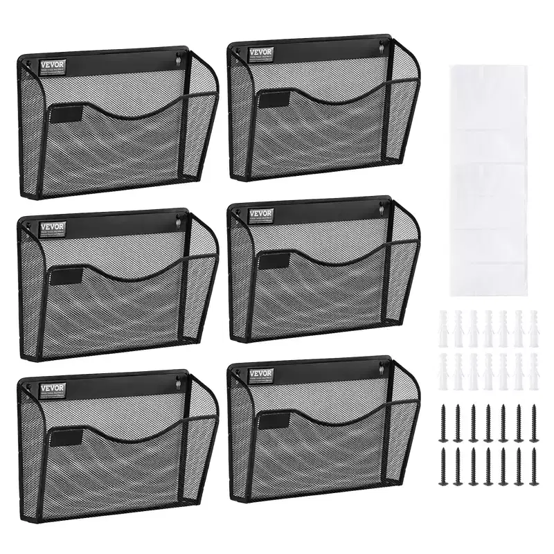 VEVOR File Wall Rack, Six-Piece 1 Pocket Mesh Wall File Holder, Wall Mounted Magazine Mail Paper & Document Storage Folder, Metal Wall File Organizer