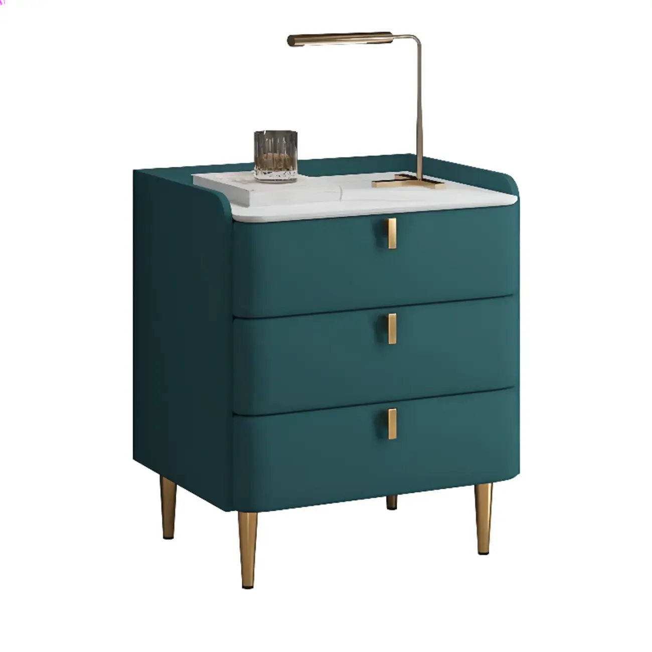 Modern Leather Stone Top Gold Accents 3-Drawer Nightstand