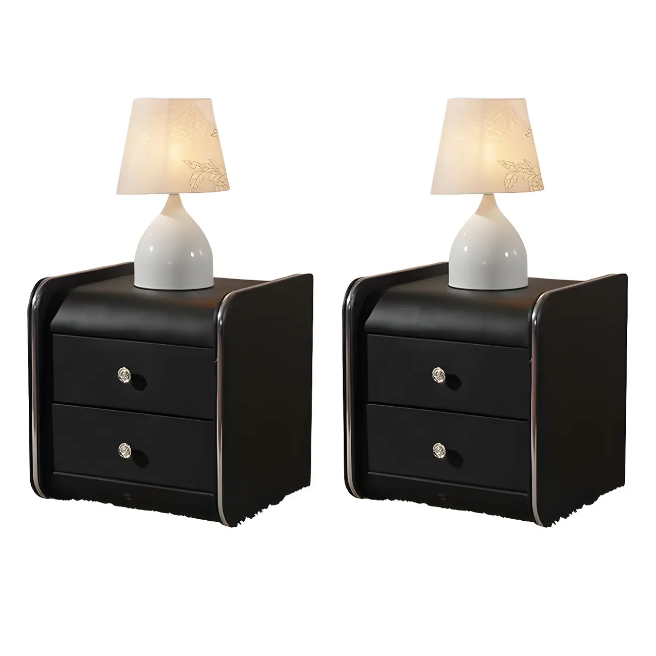Luxurious Glossy Leather Wooden 2 Drawer Black Nightstand