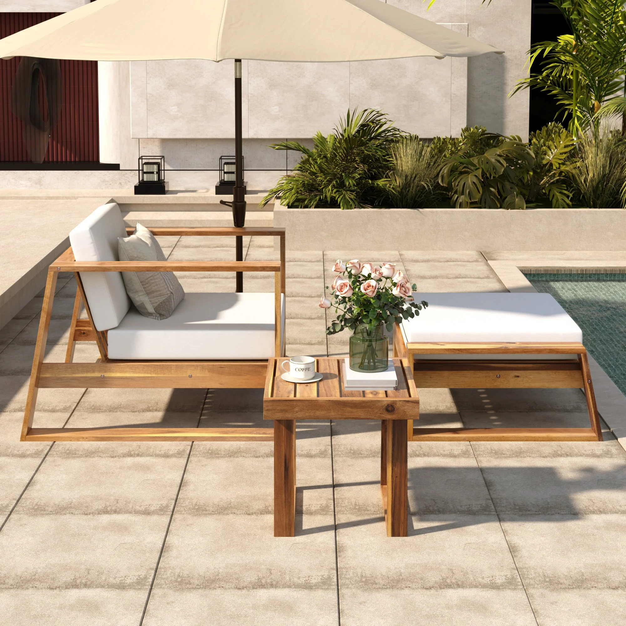 Walker Edison | 3-Piece Acacia Wood Outdoor Lounge Set