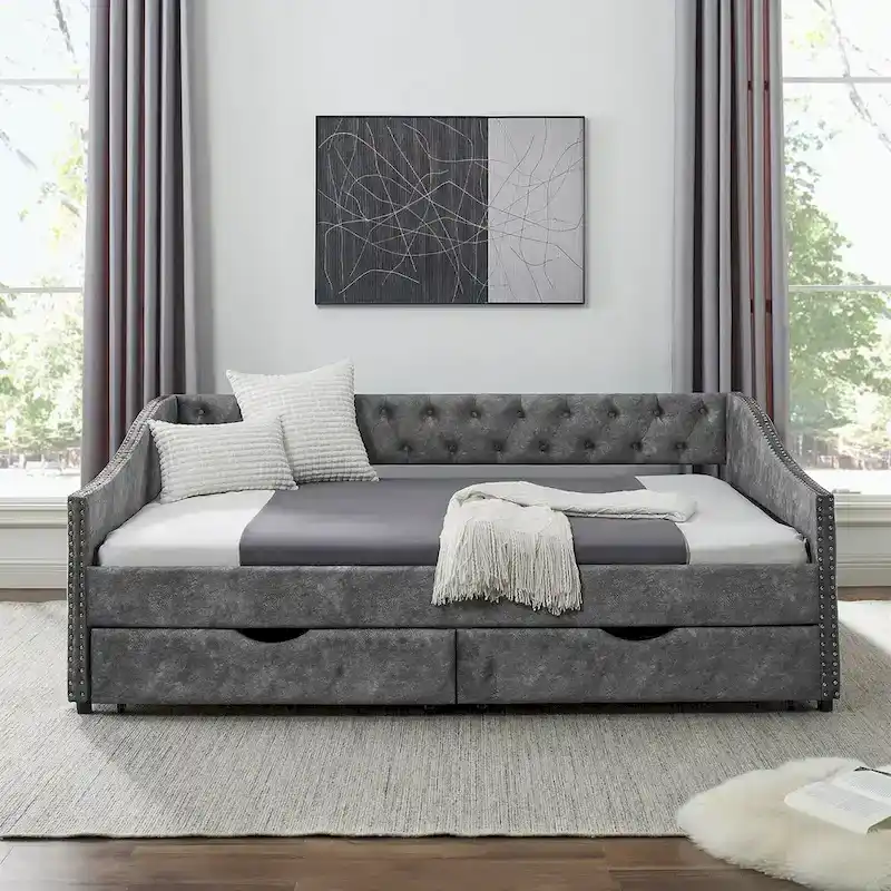 Grey / Beige Tufted Daybed with 2 Drawers, Full Size, 1-Person