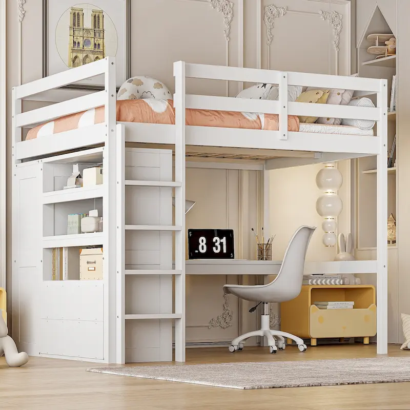 White Full Size Loft Bed with Desk, Wardrobe & Storage, for 1