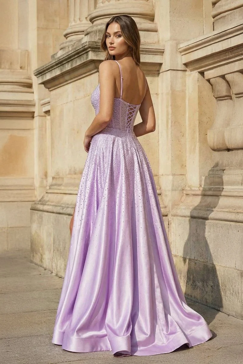 Spaghetti Straps Lilac Corset A-Line Prom Dress with Rhinestones