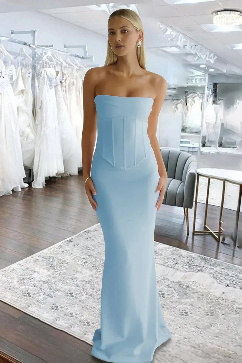 Sky Blue Strapless Sleeveless Mermaid Satin Long Prom Dresses